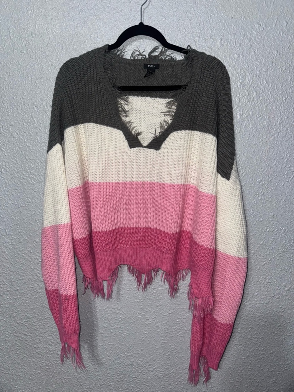 Striped Distressed V-Neck Sweater in Gray, White & Pink